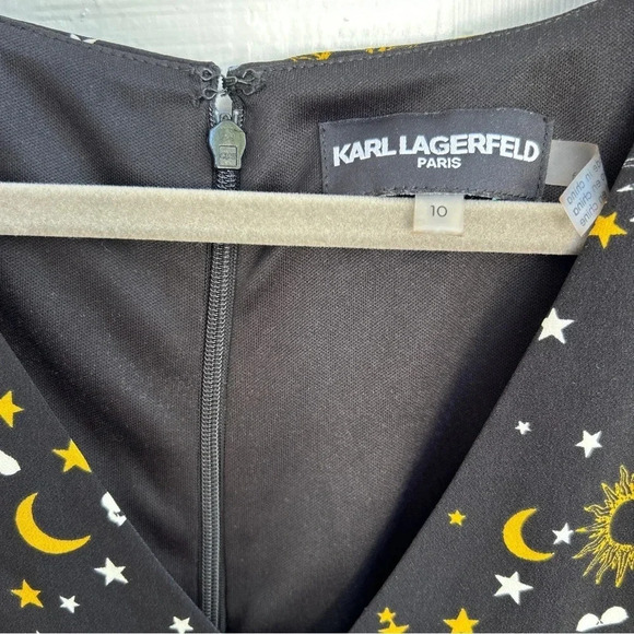 KARL LAGERFELD Paris Celestial Sun/Moon/Stars V-Neck Tie Waist Fit & Flare Dress - Picture 8 of 9